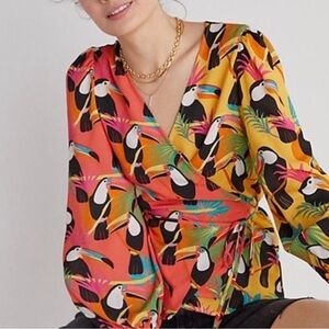 Farm Rio Toucan Wrap Blouse with Beaded Ties. Small.